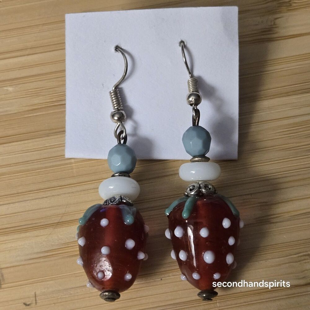 Handmade Glass Strawberry Drop Earrings Lampwork Fruit Dangle Summer Coquette